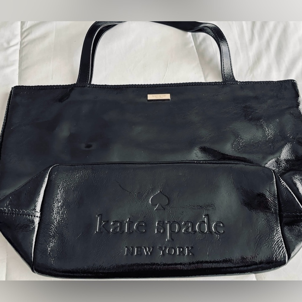 Kate Spade Black Patent Leather Tote Bag, Fully Lined w/3 Interior Pockets - Picture 4 of 12
